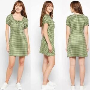 Madewell Green Faded Palm Gingham Check Jacquard Puff-Sleeve Mini Dress Size S